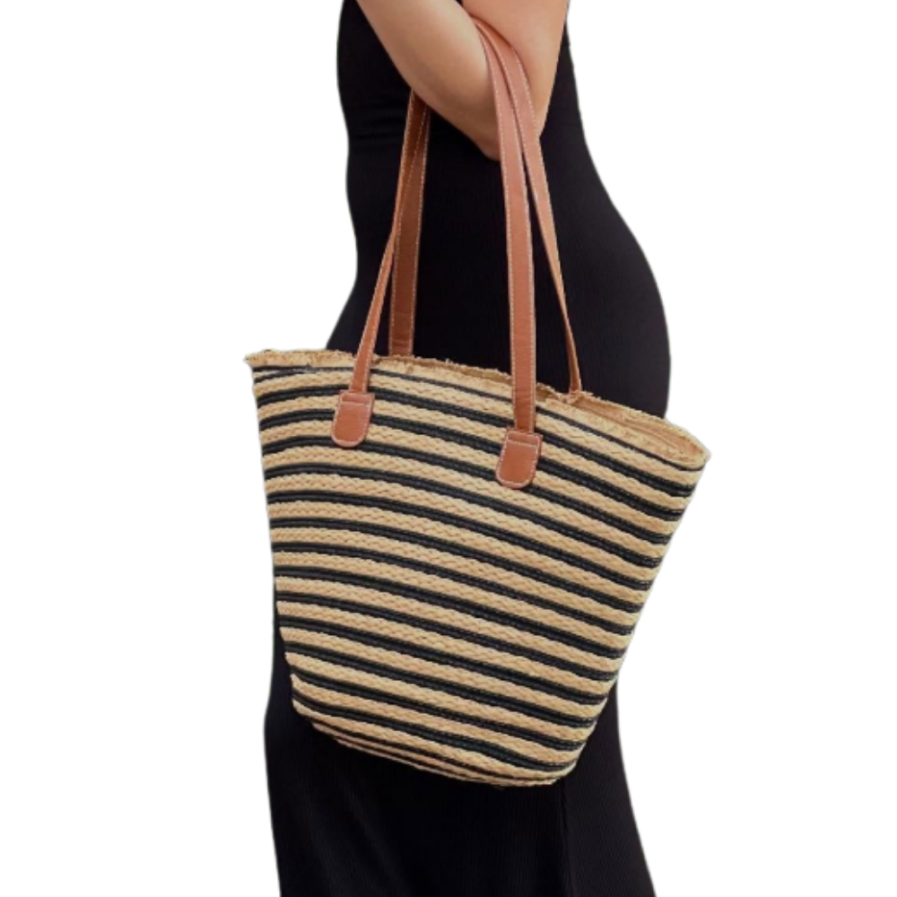 Black And Brown Stripes Handmade Large Capacity Striped Beach Tote Bag lifestyle image