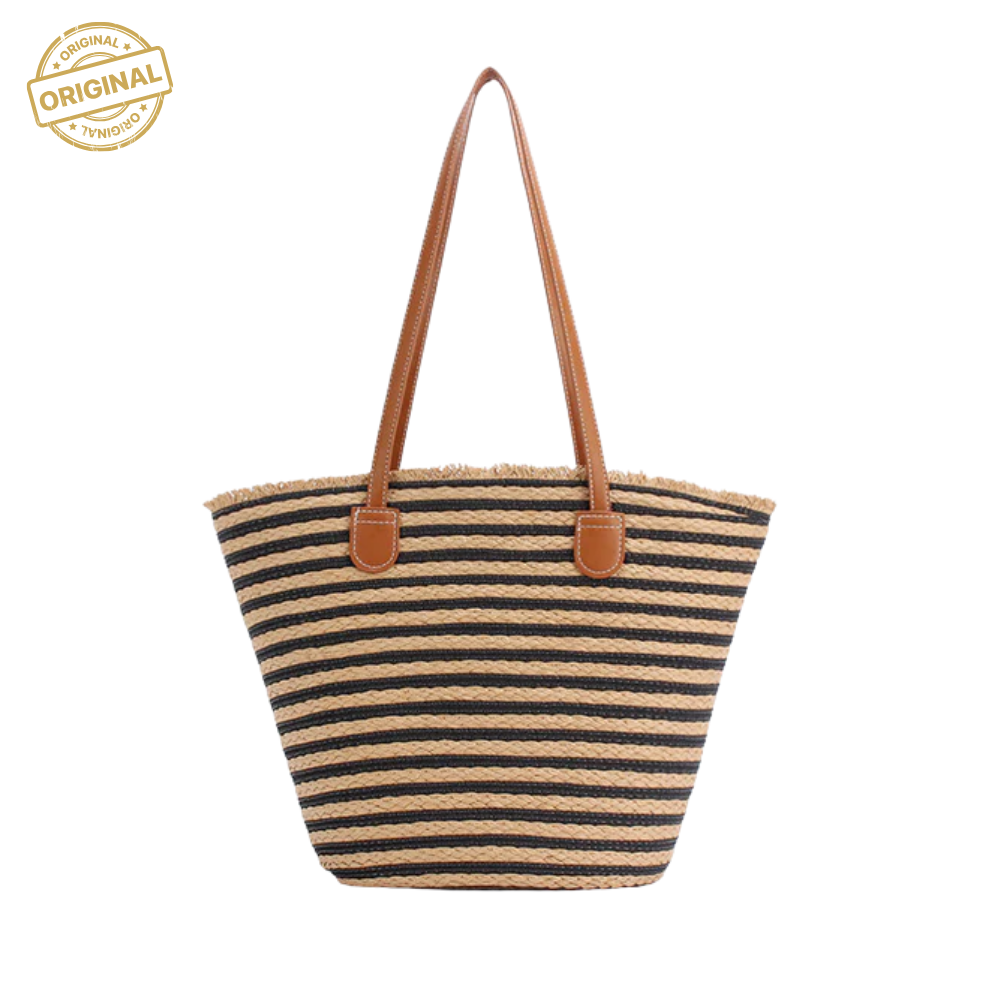 Black And Brown Stripes Handmade Large Capacity Striped Beach Tote Bag with Zipper and Inner Pocket - Summer Vacation Woven Shoulder Bag for Women