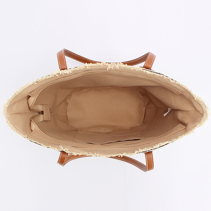 Black And Brown Stripes Handmade Large Capacity Striped Beach Tote Bag inside view