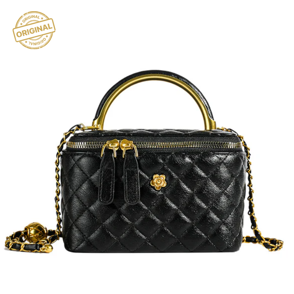 Black Luxury Quilted Mini Box Handbag with Chain Strap and Metal Handle