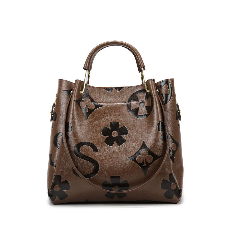 Dark Brown Elegant Embossed PU Leather Tote Bag for Women front view
