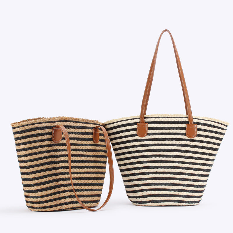 White And Yellow Stripes Handmade Large Capacity Striped Beach Tote Bag