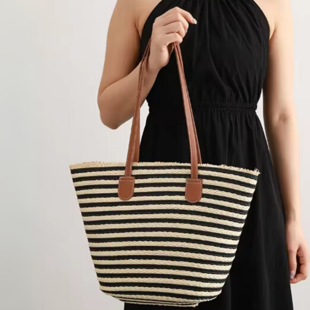 Black And White Stripes Handmade women holding  bag 