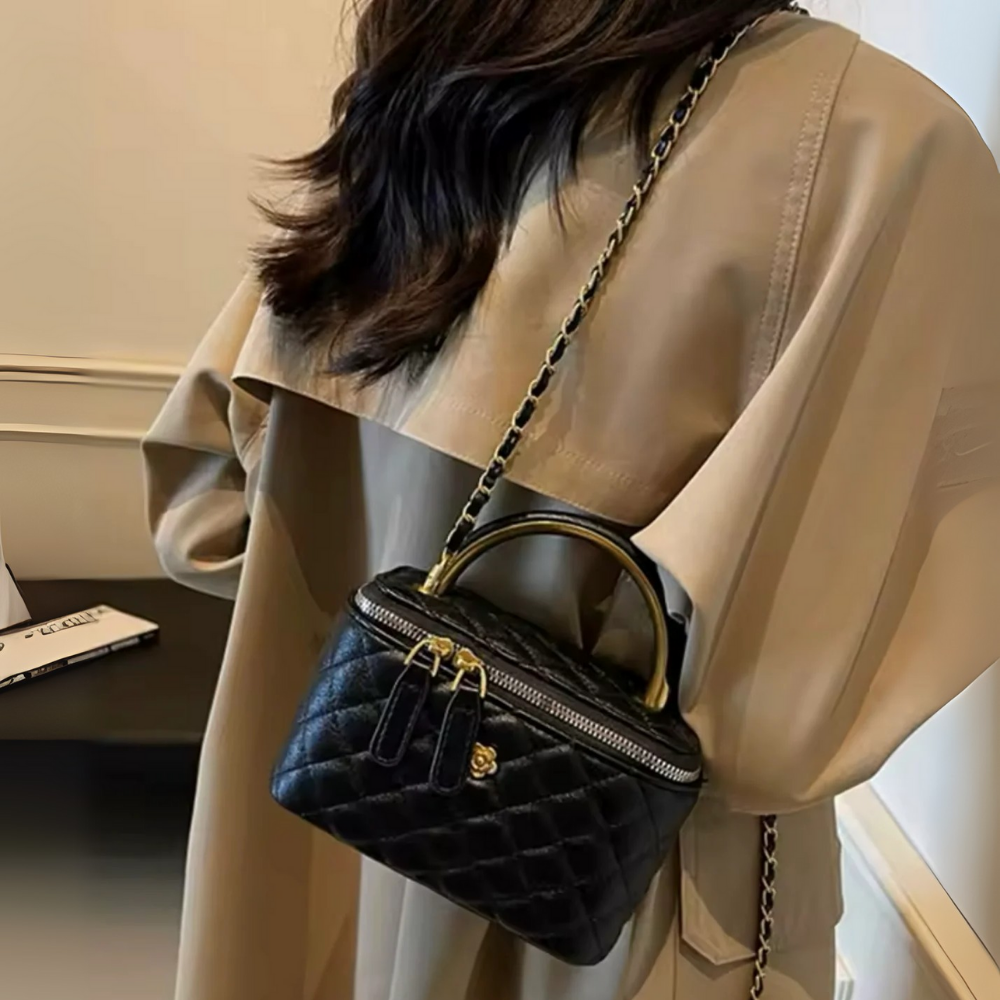 Black Luxury Quilted Mini Box Handbag with Chain Strap and Metal Handle lifetyle image