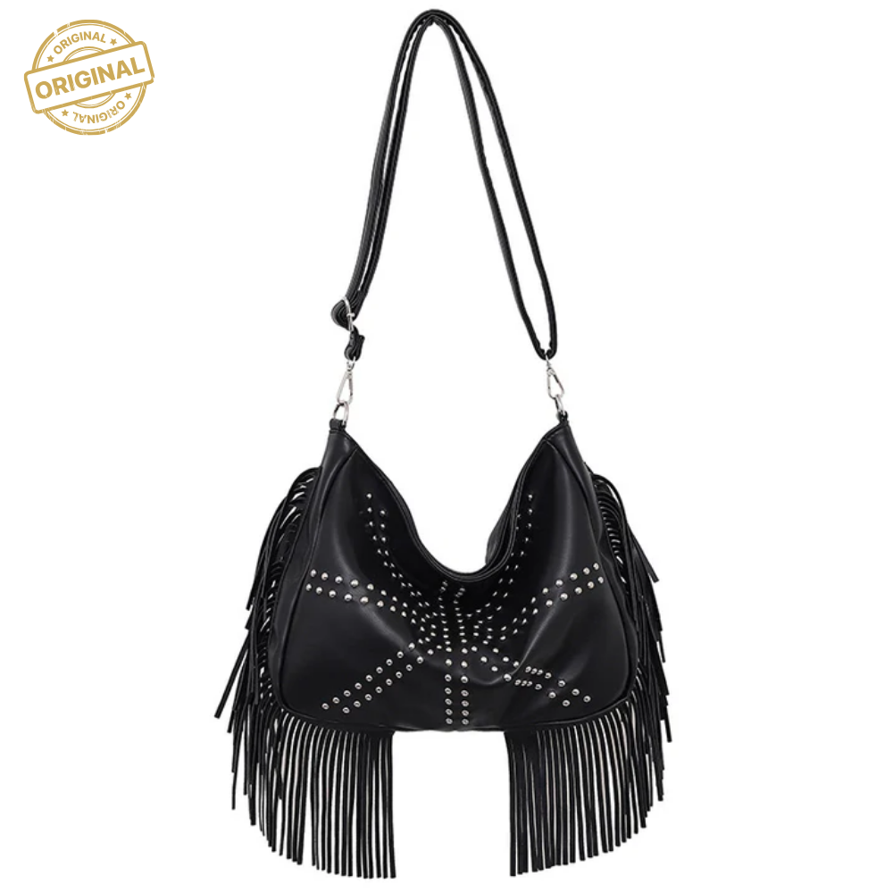 Black Trendy Rivet Fringe Shoulder Bag – Large Capacity Soft Leather Handbag for Women, Perfect for Travel and Leisure