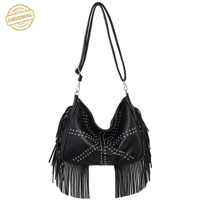 Black  Trendy Rivet Fringe Shoulder Bag 