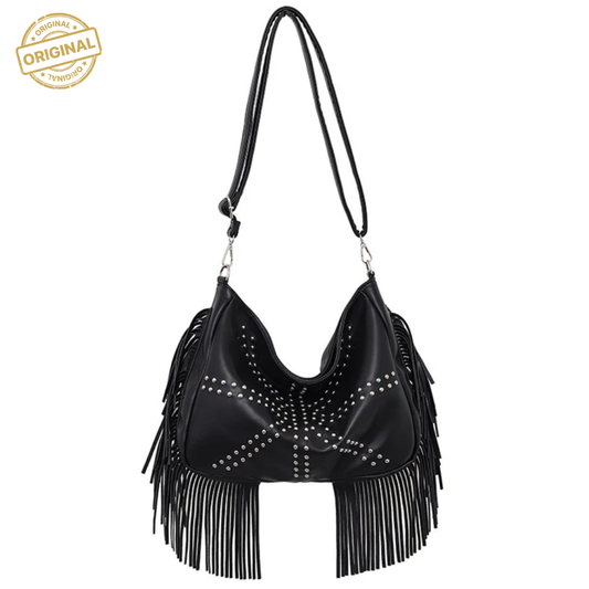 Black  Trendy Rivet Fringe Shoulder Bag 