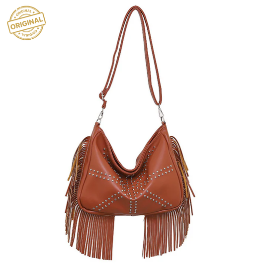 Brown Trendy Rivet Fringe Shoulder Bag