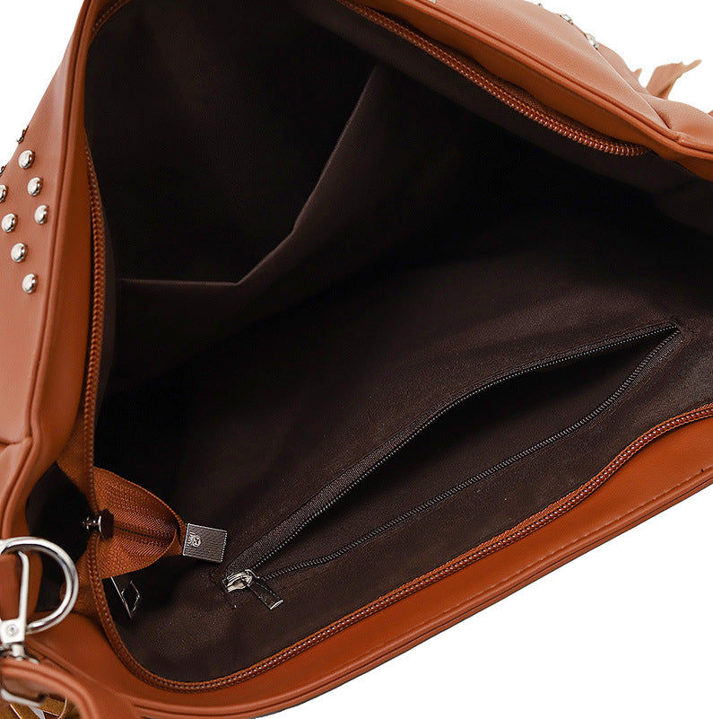 Brown Trendy Rivet Fringe Shoulder Bag inside view