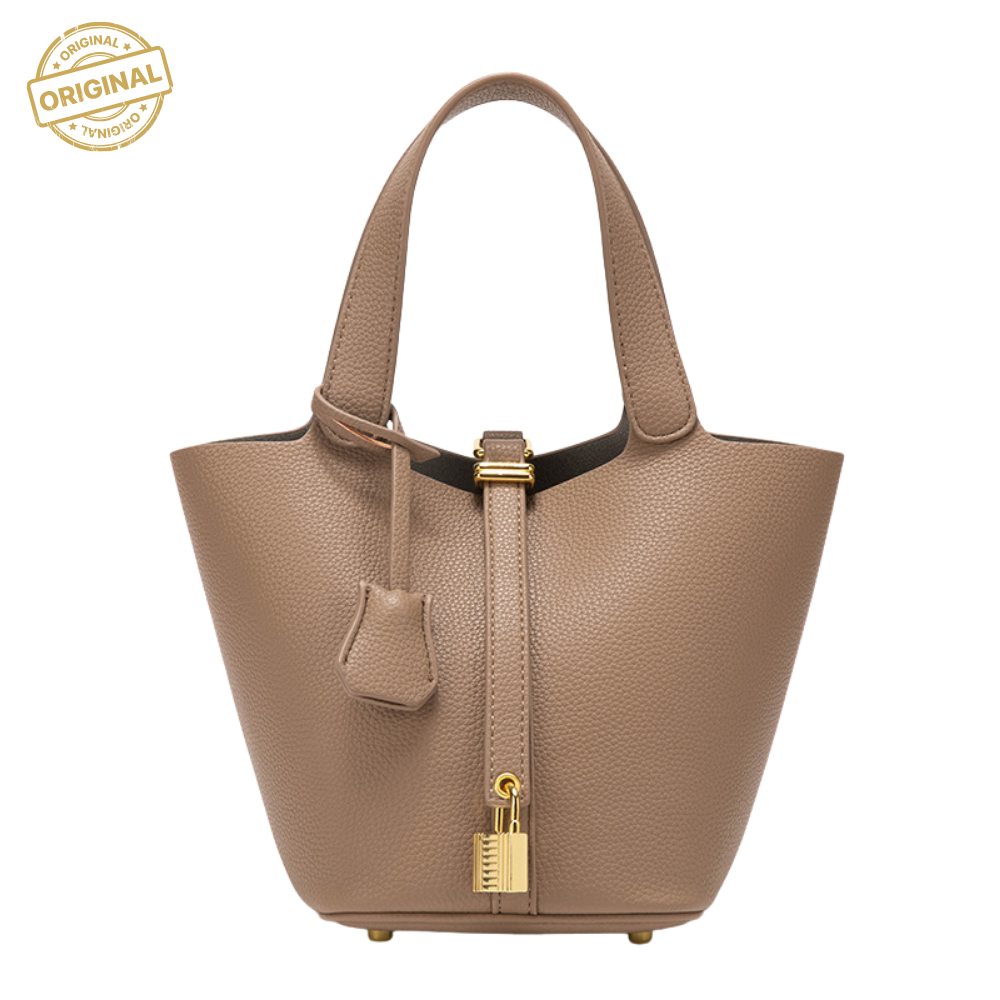 Grey Elegant Women's Leather Tote Handbag with Gold Lock Detail