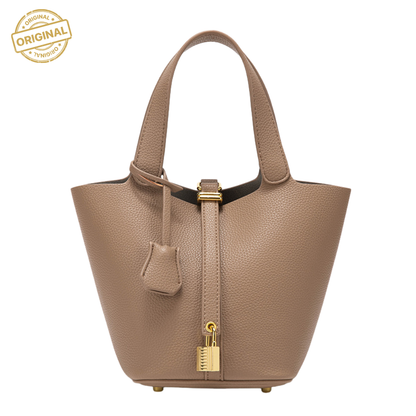 Grey Elegant Women's Leather Tote Handbag with Gold Lock Detail