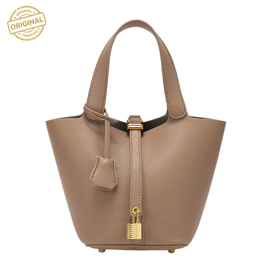 Grey Elegant Women's Leather Tote Handbag with Gold Lock Detail