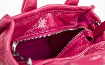 Marc Jacobs The Shiny Crinkle Micro Tote Magenta Leather Crossbody Bag Handbag close up view 