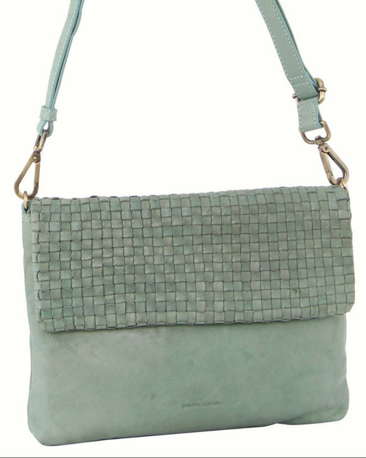 Pierre Cardin Womens Woven Leather Flap Cross-Body Bag/Clutch - Mint Green